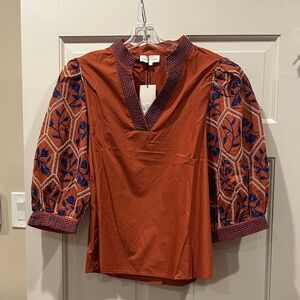 Entro Rust and Navy Embroidered Blouse